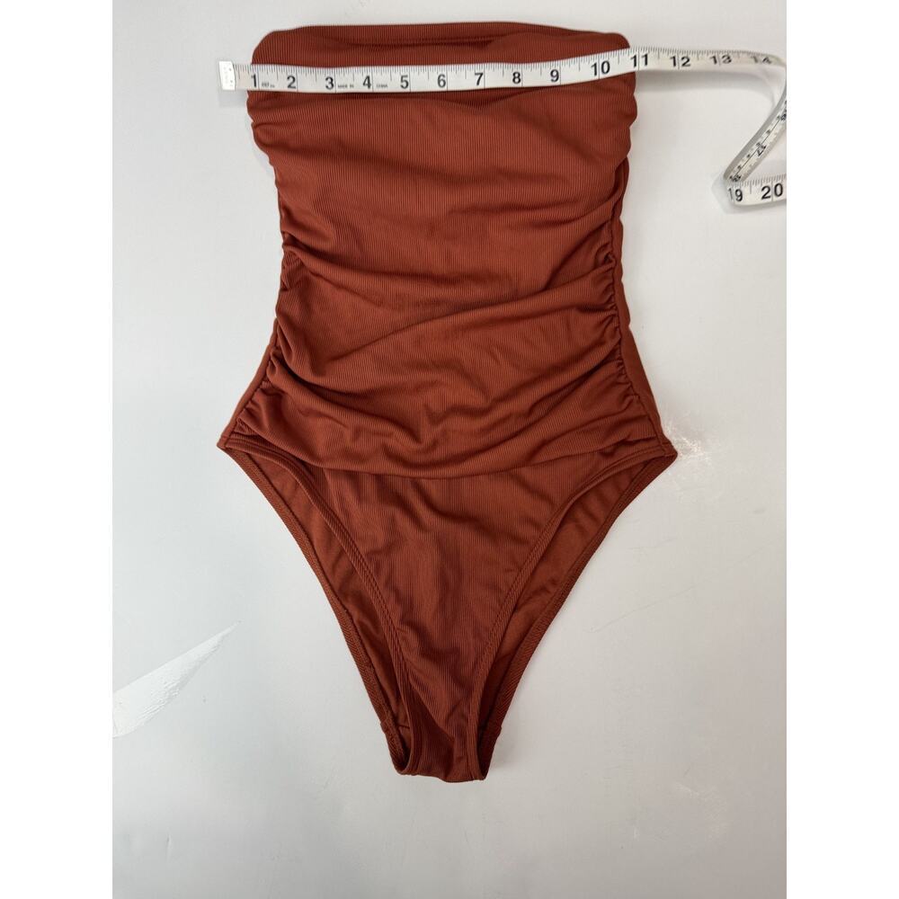 Shade & Shore Shirred One-Piece Swimsuit Strapless Rust Color Ribbed XS 0/2 - Picture 5 of 6